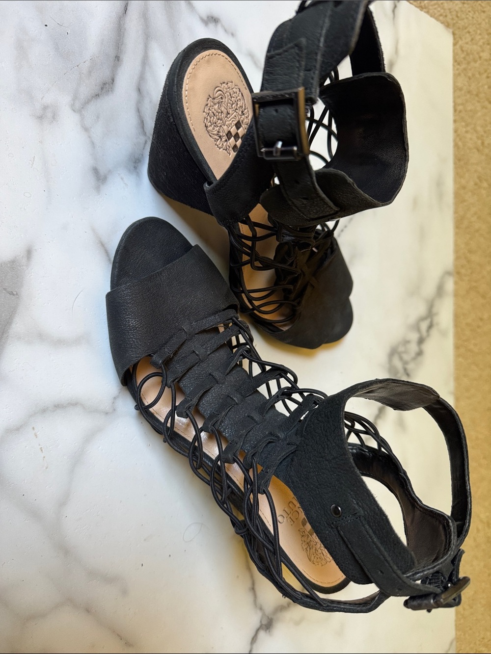 Vince Camuto Black Lace-Up Block Heel Sandals